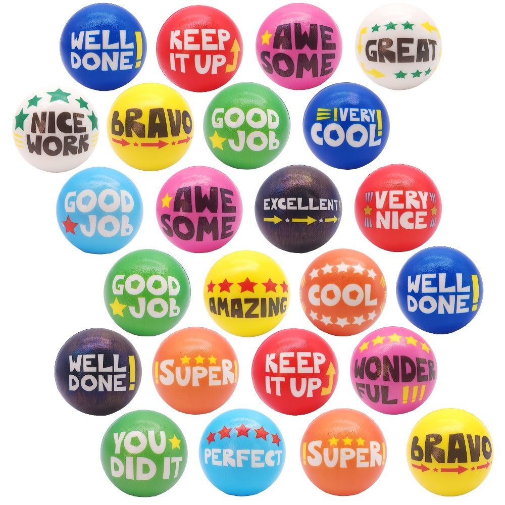 Motivational Squeeze Stress Balls 24 Pack Multicolor, 2.48" Squishy Balls with Positive Affirmation Slogans for Classroom Prizes