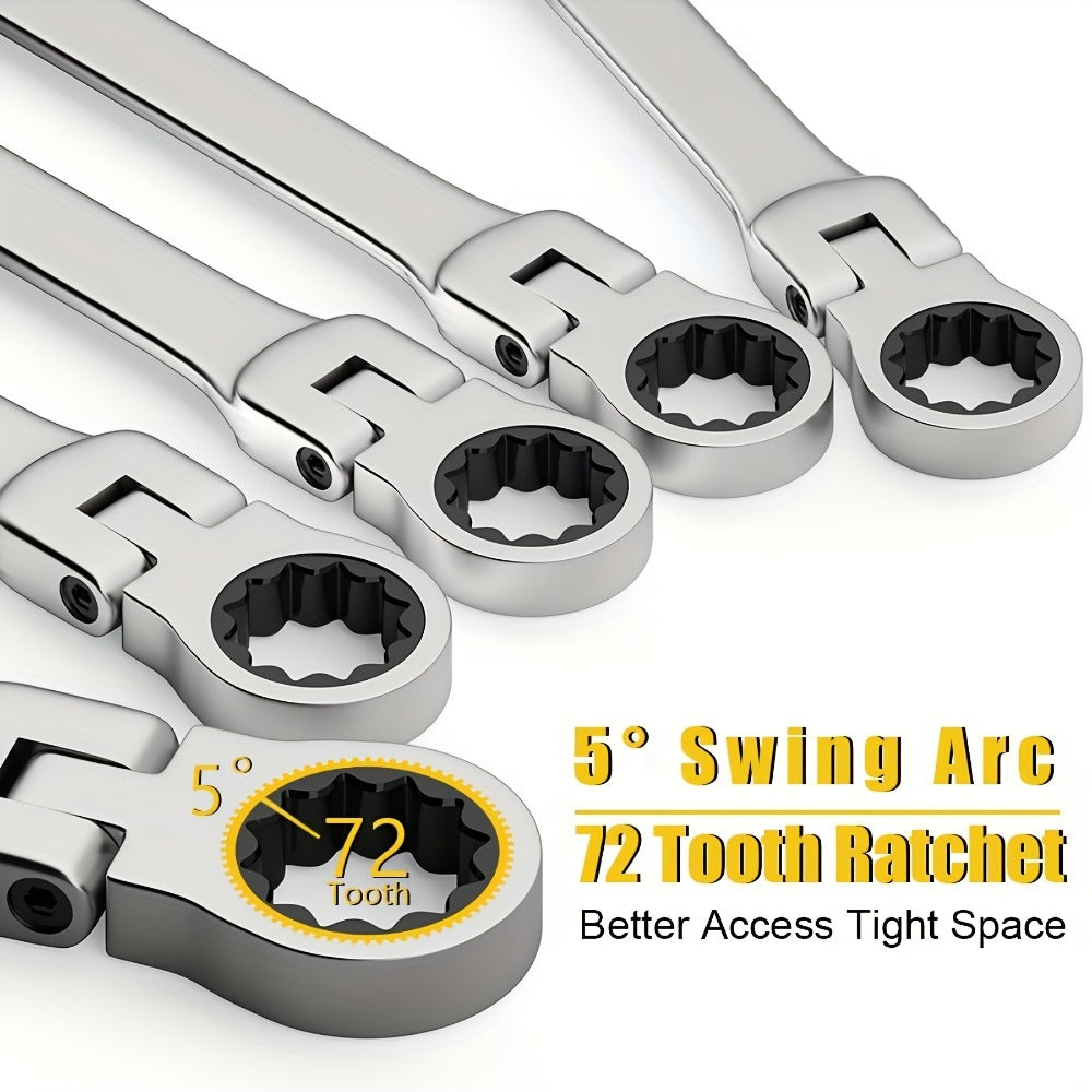 Ratchet Wrench Set 5pcs Flexible Head 6-10mm Metric Chrome Vanadium Steel 72-Tooth Combination Wrench for Home, Garage and DIY Projects