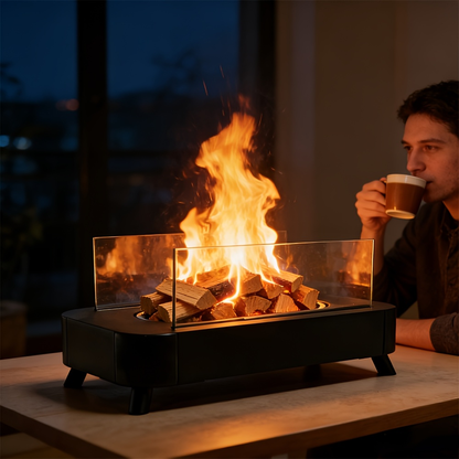 Tabletop Fire Pit Wood Pellet Smoke-Free 15 Inch with Glass Wind Guard for Garden, Patio and Yard Use