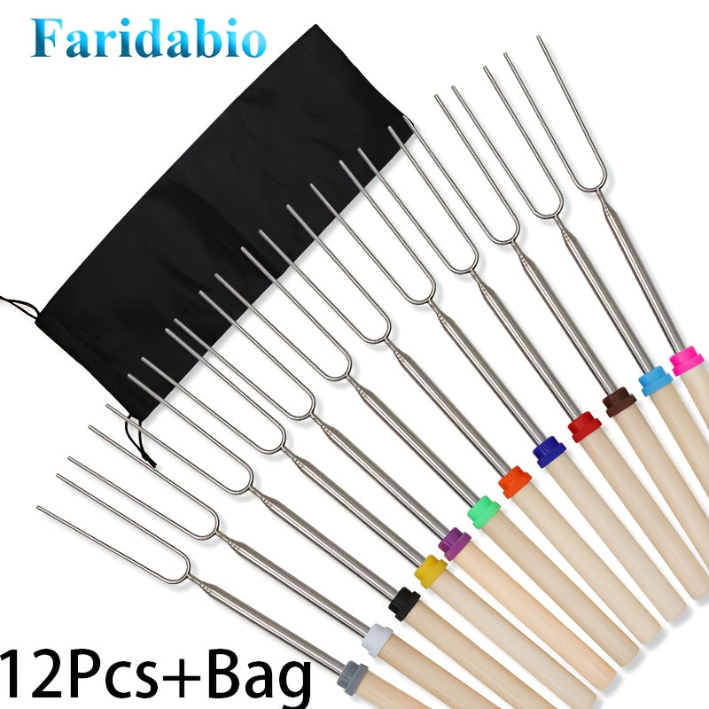 Marshmallow Roasting Sticks 12-Pack Extendable Stainless Steel + Bag, for Grilling, Camping and Outdoor Meals