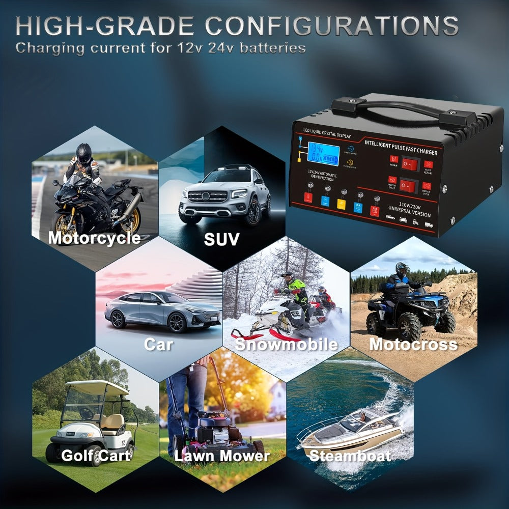 AF01 12 V and 24 V Battery Charger with LCD Display, Alligator Clamps, Carry Handle and Cooling Fan