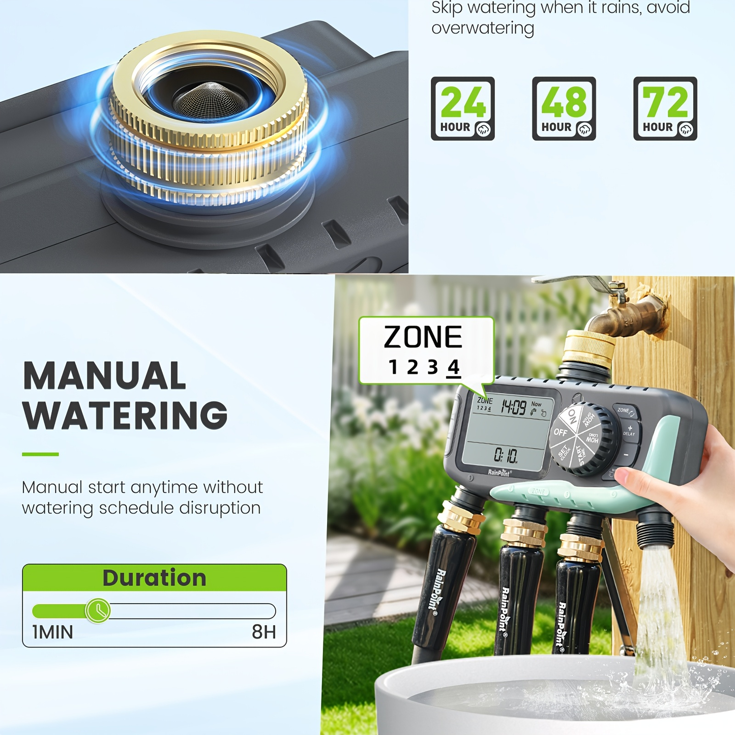 Garden Irrigation System 4-Zone, Automatic Watering Controller with Brass Head, Manual & Rain Delay Modes