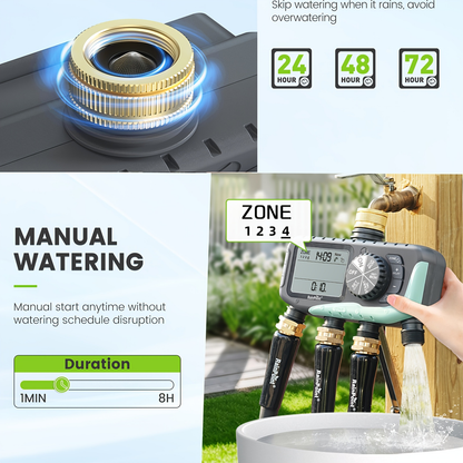 Garden Irrigation System 4-Zone, Automatic Watering Controller with Brass Head, Manual & Rain Delay Modes