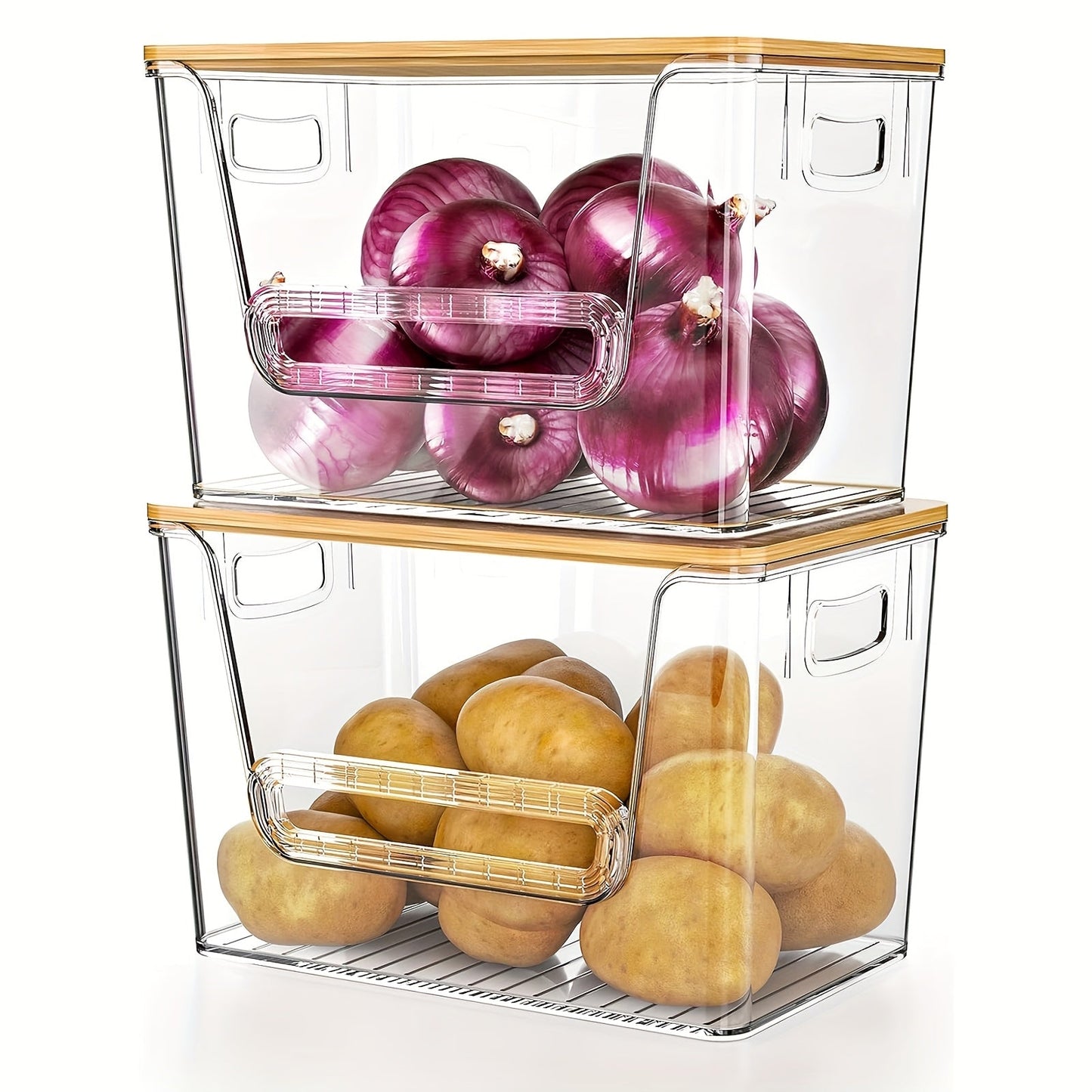 Two-Pack Clear Stackable Pantry Storage Bins with Bamboo Tops, Front Openings and Side Handles