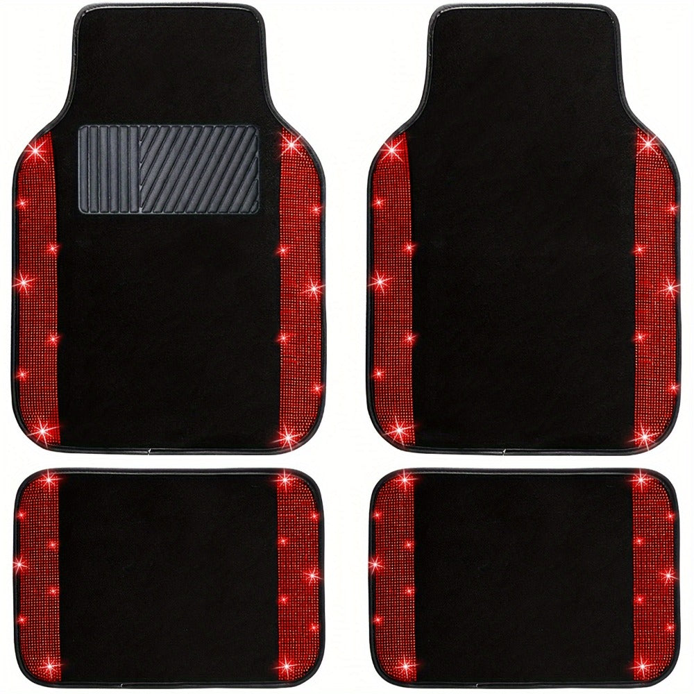 Rhinestone-Border Car Floor Mats, Four-Piece Black Carpet Set with Seven Accent Color Options