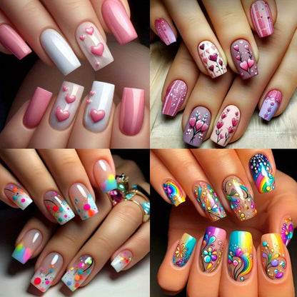 Press On Nails 96-Piece Almond Heart Glitter Four-Pack Set with Jelly Adhesive Tabs and Nail File