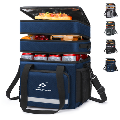 19L Triple-Compartment Lunch Bag with Three Stacked Zippers, Shoulder Strap and Four Color Options