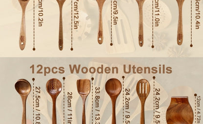Kitchen Utensils 10-Piece Teak Wood Spoon and Spatula Set with Thickened, Basic and Shovel Configurations