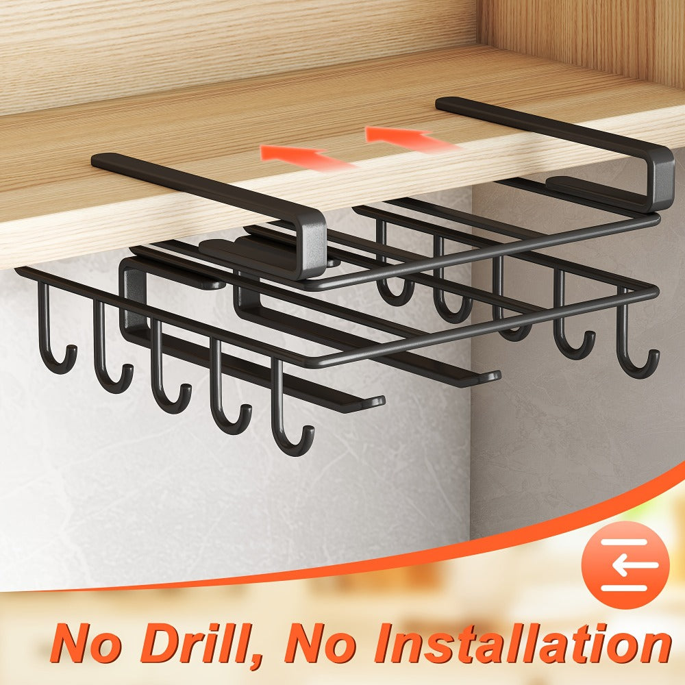 Under Cabinet Organizer Rack with Hooks, Carbon Steel Kitchen Shelf for Utensils, Towels, Cups & Cutting Boards