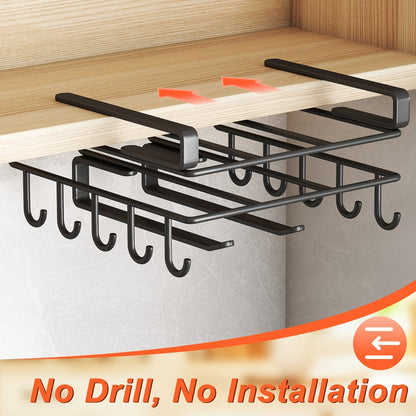 Under Cabinet Organizer Rack with Hooks, Carbon Steel Kitchen Shelf for Utensils, Towels, Cups & Cutting Boards