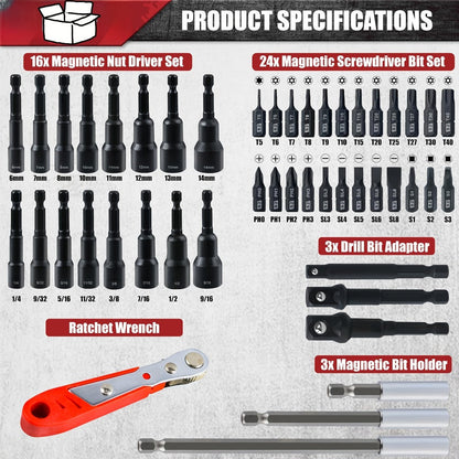 Magnetic Nut Driver Set 47pcs – Magnetic Screwdriver Bits & Socket Set, SAE 1/4"-9/16" & Metric 6-14mm