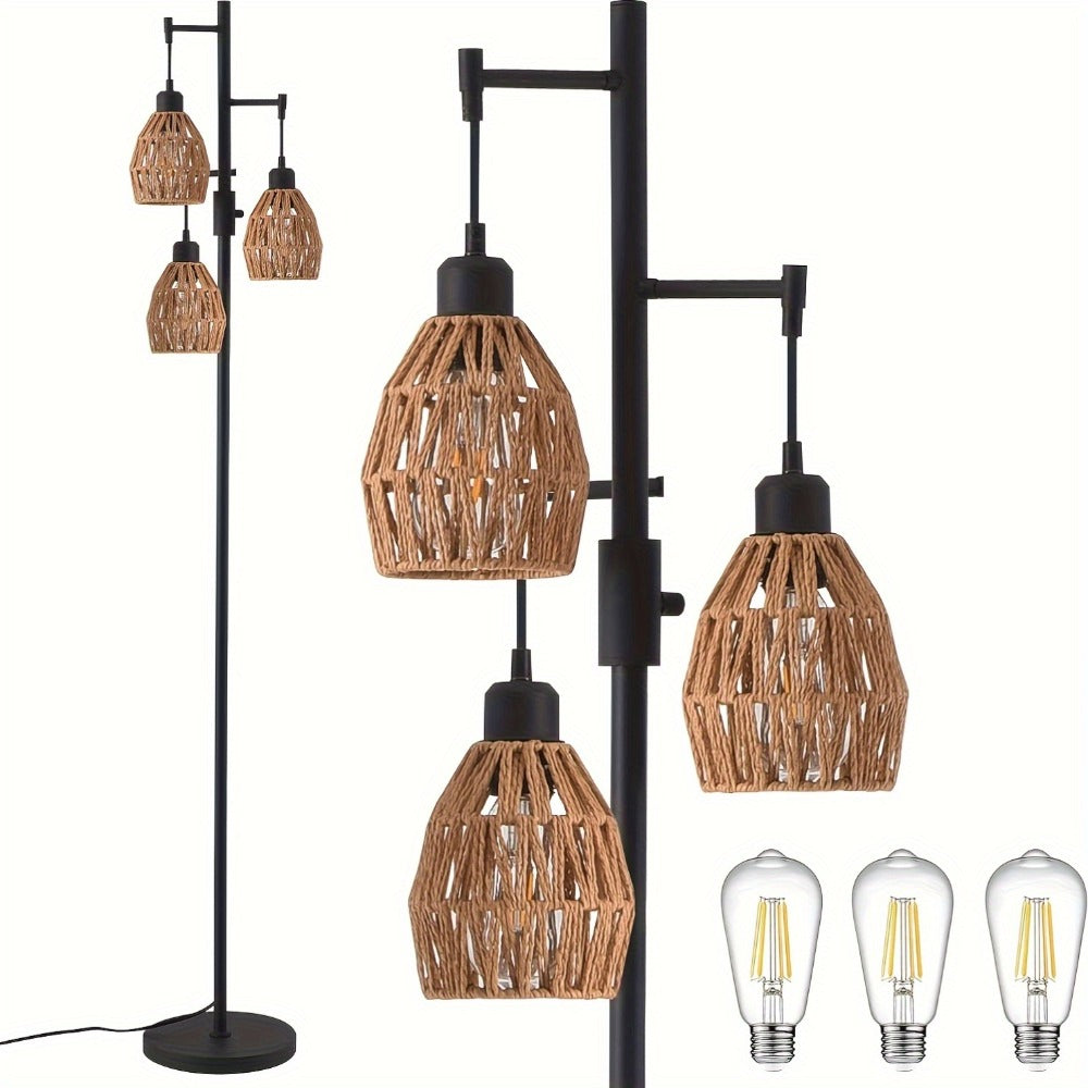 Boho Rattan Floor Lamp Dimmable, 3-Light Stepless Dimming Standing Lamp with Natural Rattan Shade & Metal Base for Living Room
