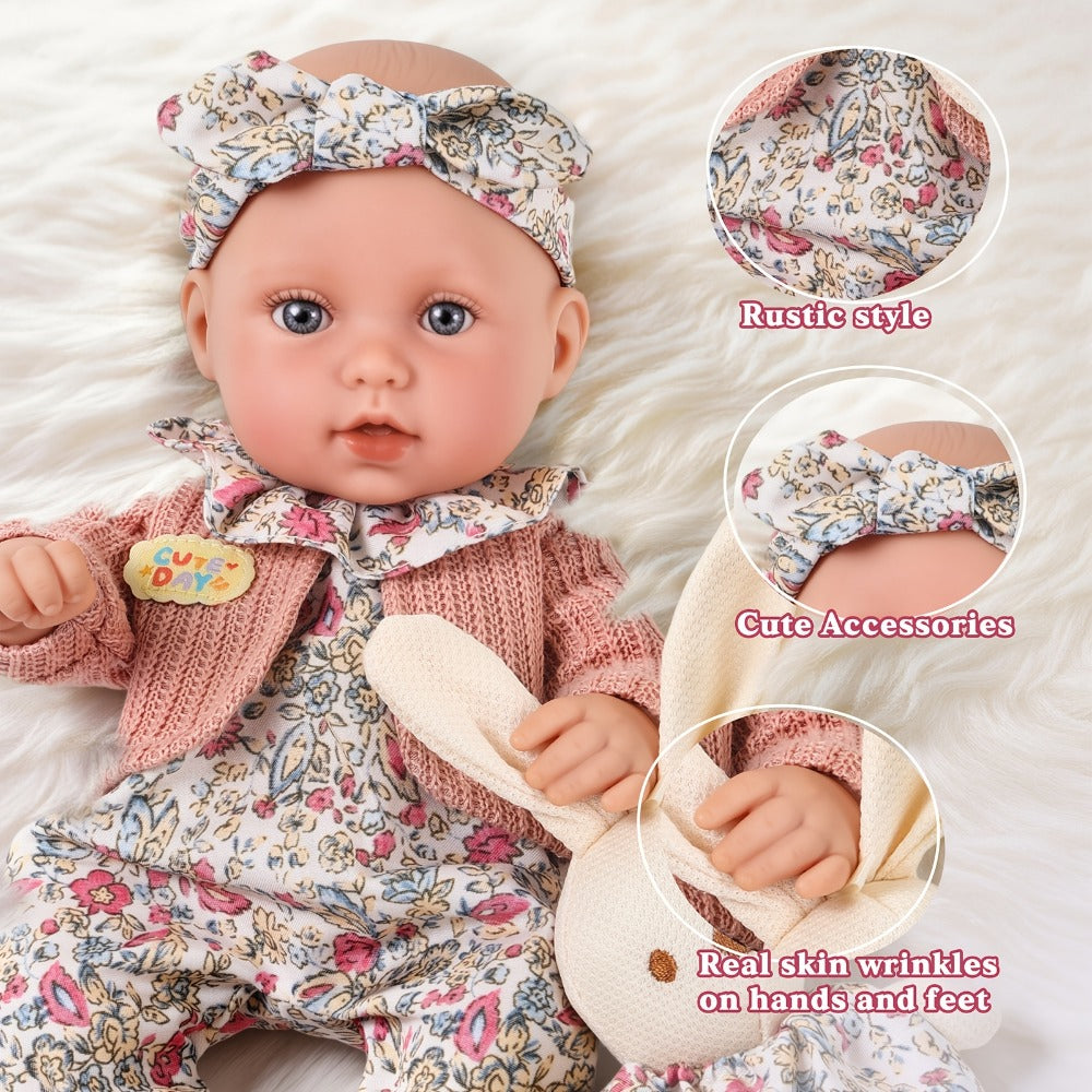 Floral Dress Baby Doll 12 Inch with Rabbit Plush Toy Gift Set, Realistic Vinyl Doll with Floral Outfit