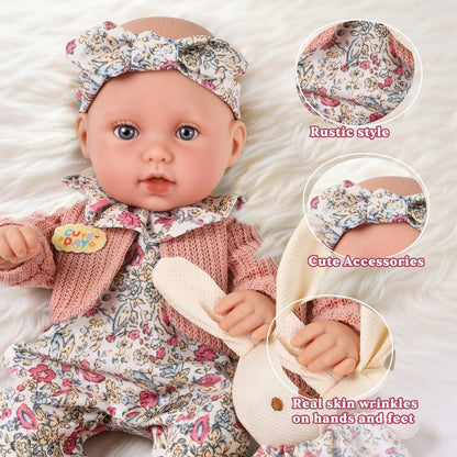 Floral Dress Baby Doll 12 Inch with Rabbit Plush Toy Gift Set, Realistic Vinyl Doll with Floral Outfit