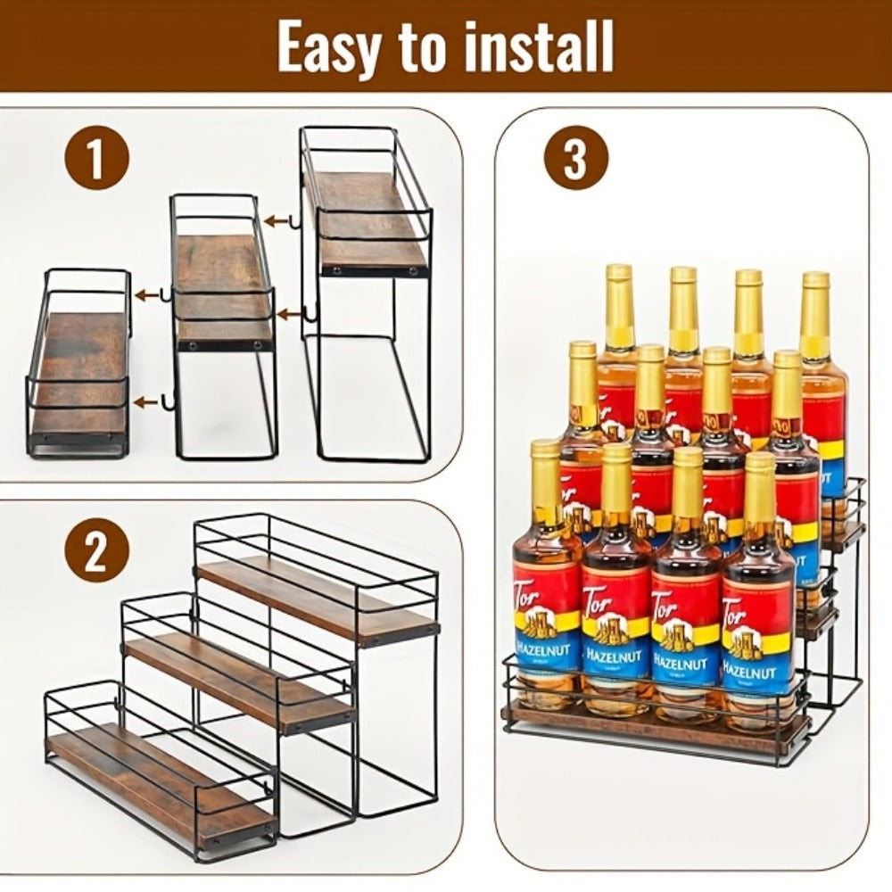 3-Tier Metal Bottle Rack Countertop Organizer – No-Install Syrup Holder for Coffee Bar, Wine & Whiskey Display Stand, Holds 12 Bottles