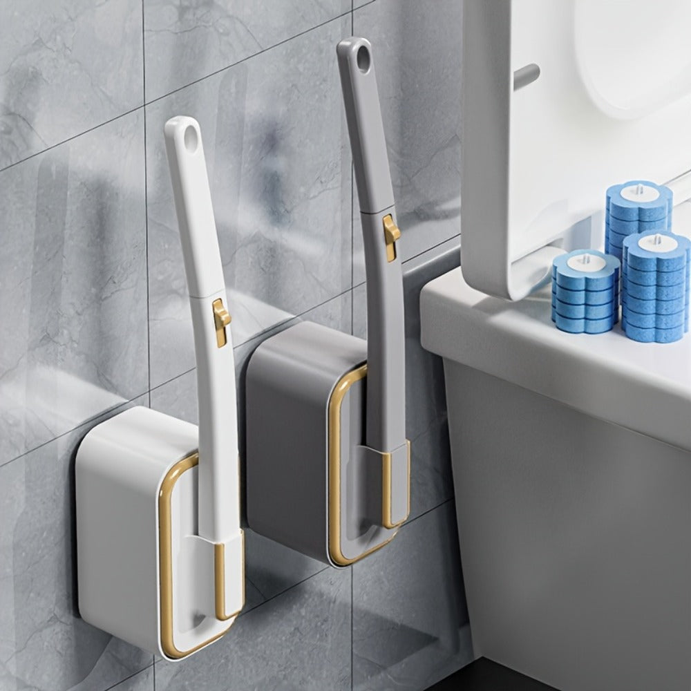 Wall-Mounted Toilet Brush Set with 8 Disposable Heads | No-Drill Easy Install, Long Handle Bathroom Cleaning Brush