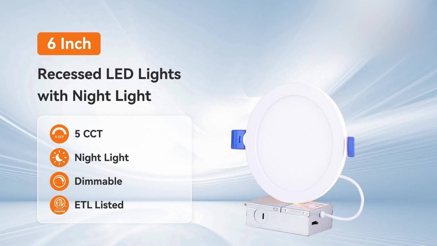 6 Inch LED Recessed Light 5CCT Selectable Dimmable – 12W 1050LM, 2700K-5000K, ETL Listed Slim Canless Downlight for Kitchen