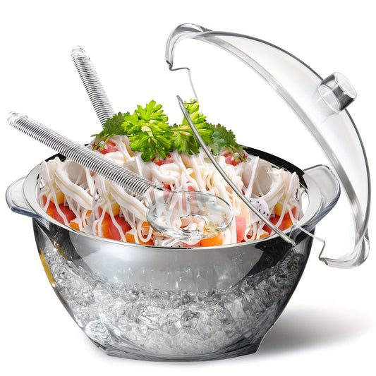Stainless Steel Ice Chiller Salad Bowl with Lid and Serving Spoons – Large Refrigerated Veggie Fruit Tray with Ice Chiller Base for Party