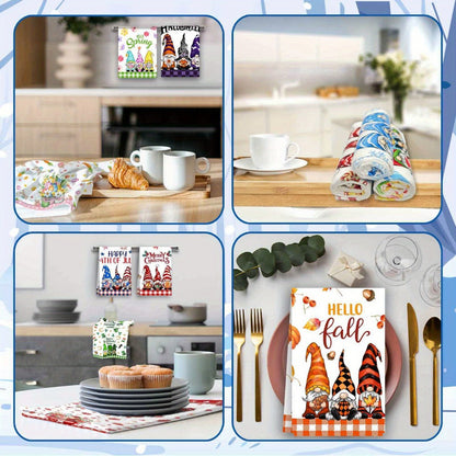 Twelve-Piece Seasonal Gnome Kitchen Towel Set, 14 x 21 Inches Each with Spring-to-Winter Prints