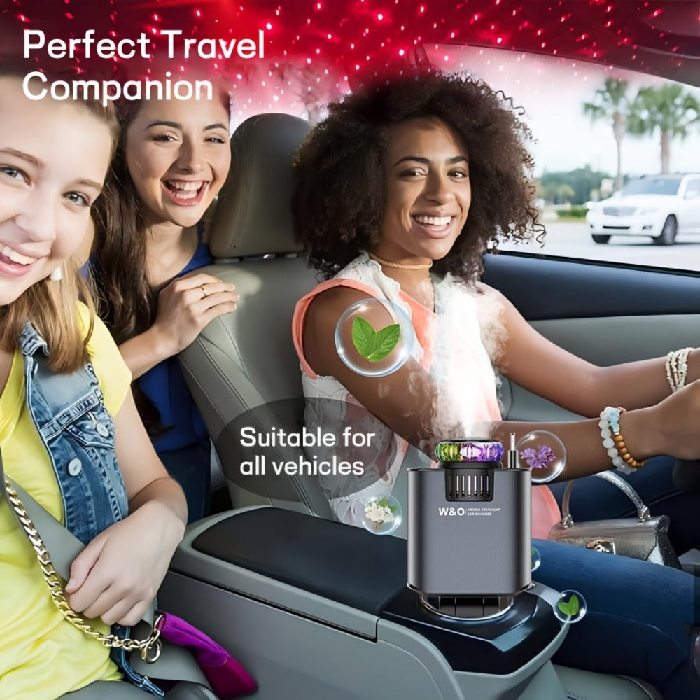 Car Charger with Perfume 3-in-1 Fast Charging AromaRelax Starlight Projector Retractable Cable USB-C & Lightning for iPhone 16 15 14 13 12