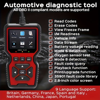 OBD2 Scanner Tool V519 – Professional Code Reader for Check Engine Light, Live Data & Diagnostic Trouble Codes | Works on All 1996+ Cars