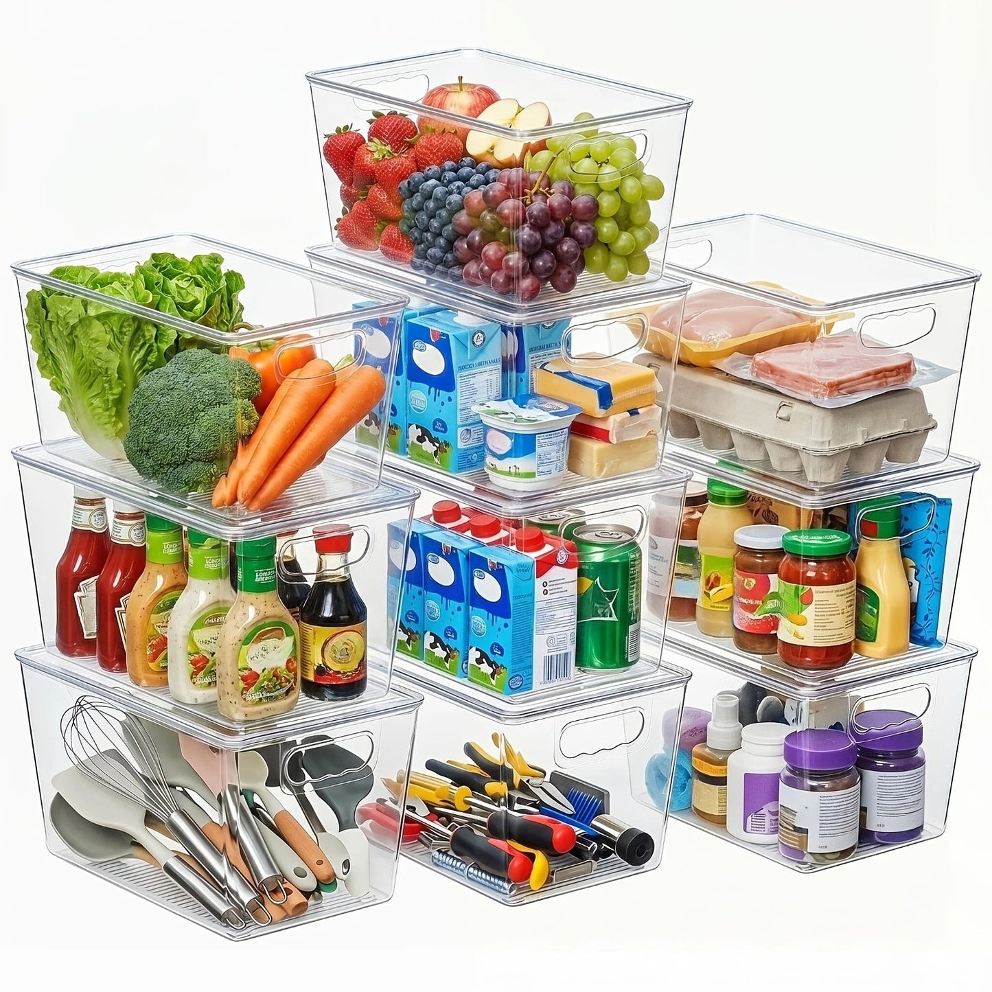 Clear Stackable Storage Bins with Lids 10 Pack – Large Plastic Pantry Organizer Containers with Handle, 11x7.5x6 Inch