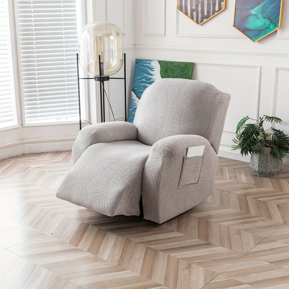 Recliner Chair Cover Slipcover 4-Piece Set – Leaf Jacquard Stretch Furniture Protector with Storage Pocket
