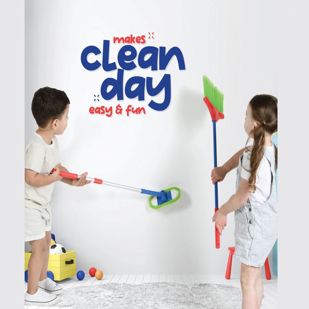 Kids Cleaning Set 4 Piece Toy Broom Mop Brush Dustpan, Pretend Play Housekeeping Kit for Toddlers Boys Girls