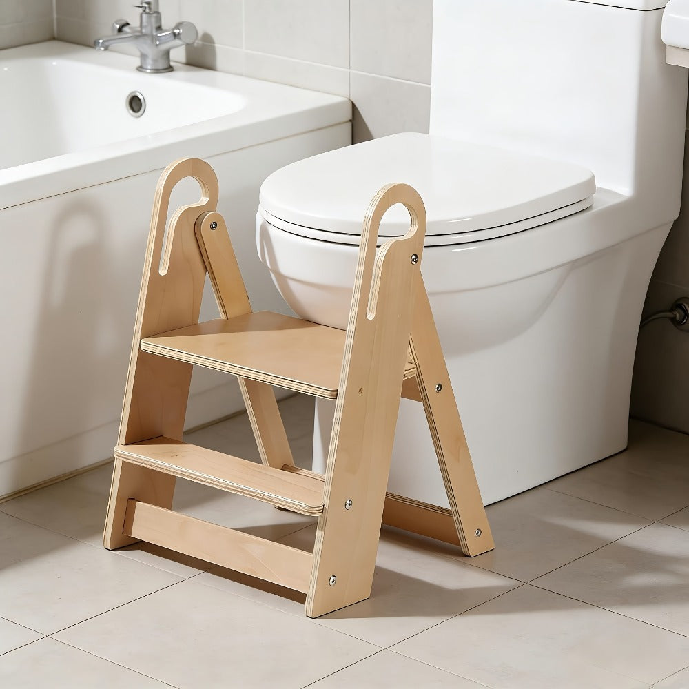 Natural Wood Two-Step Folding A-Frame Stool, 16 x 17 x 22 Inches with Carry Openings and Two Wide Steps