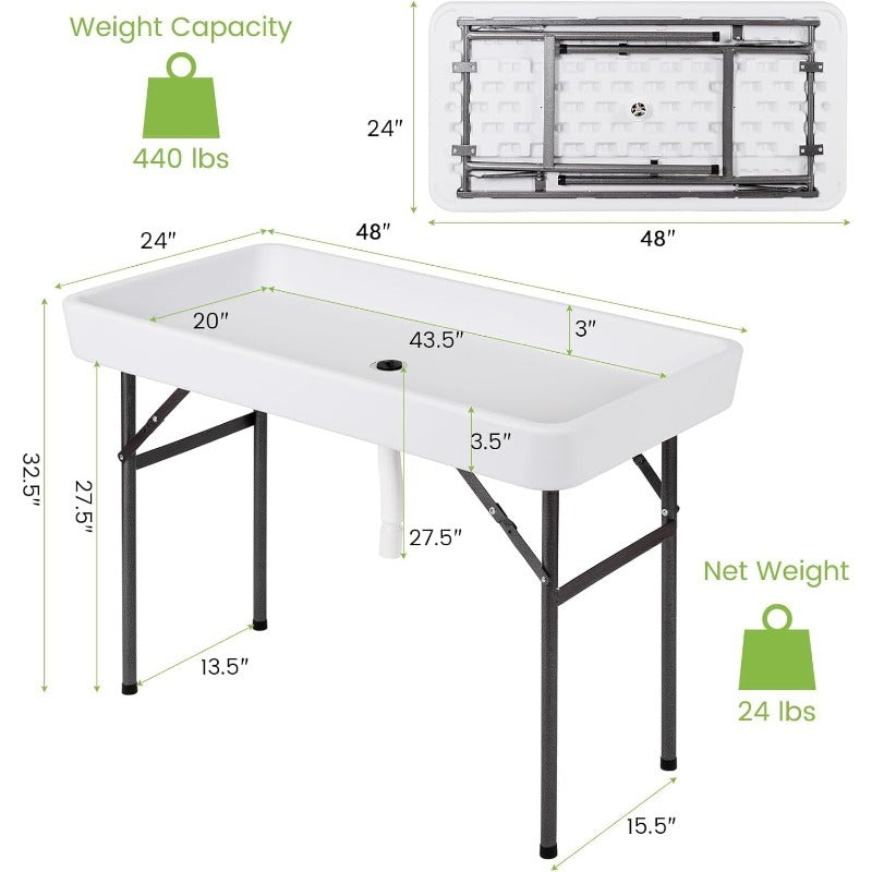 Ice Table Folding 4 ft Portable Cooler Table with Drain & Removable Skirt, Fill and Chill Party Beverage Station for BBQ