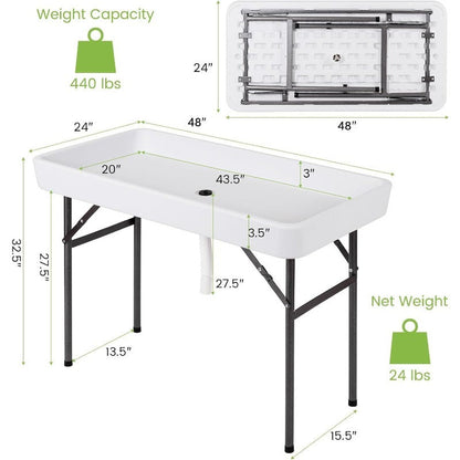 Ice Table Folding 4 ft Portable Cooler Table with Drain & Removable Skirt, Fill and Chill Party Beverage Station for BBQ
