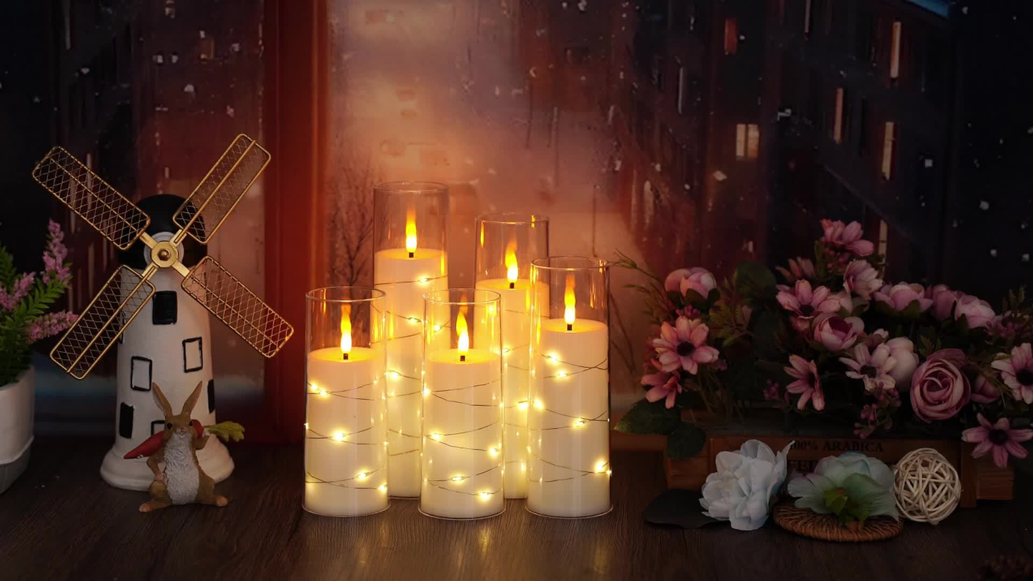 Flameless LED Candles with Remote Control Timer and Star String Lights Set of 5 or 7 Pillar Candles for Wedding Garden Home Decor