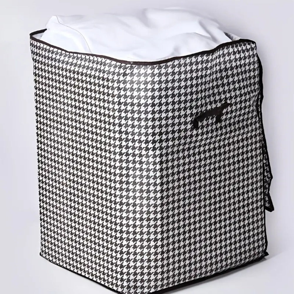 Four-Piece Houndstooth Fabric Storage Box Set with Handles, Double Zippers and Black-and-White Pattern