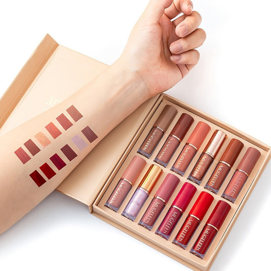 Lip Gloss Set by MUGE LEEN with 12 Mixed Nude, Pink and Red Lip Colors in a Presentation Box