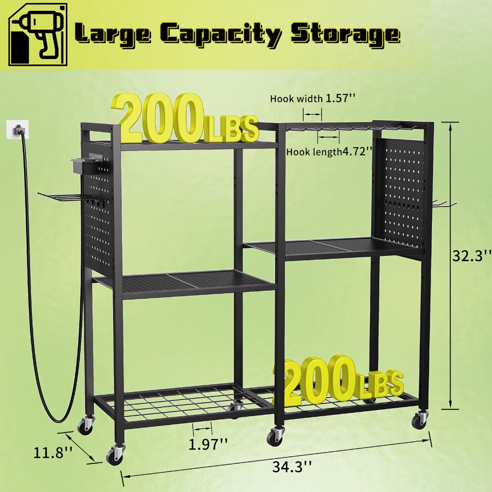 Mobile Tool Cart with Charging Station, 12 Drill Holders & 5 Storage Shelves Power Tool Organizer