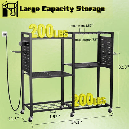 Mobile Tool Cart with Charging Station, 12 Drill Holders & 5 Storage Shelves Power Tool Organizer