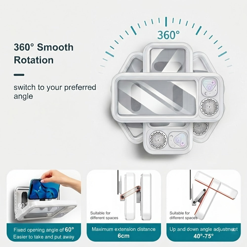 Shower Phone Holder with Bluetooth Speaker Built-In, 360-Degree Rotation Mount, Universal Fit for All Phones