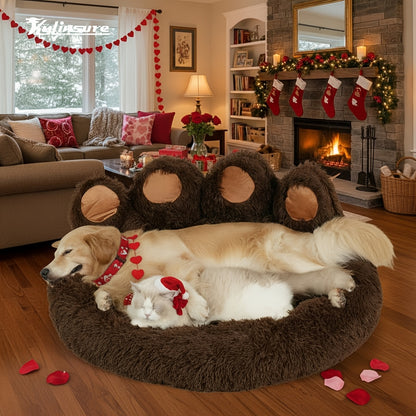 Dog Bed Cat Bed Bear Paw Shaped Donut – Calming Round Plush Pet Mattress, Warm & Soft Cuddler Bed for Dogs and Cats, Includes Pet Scarf