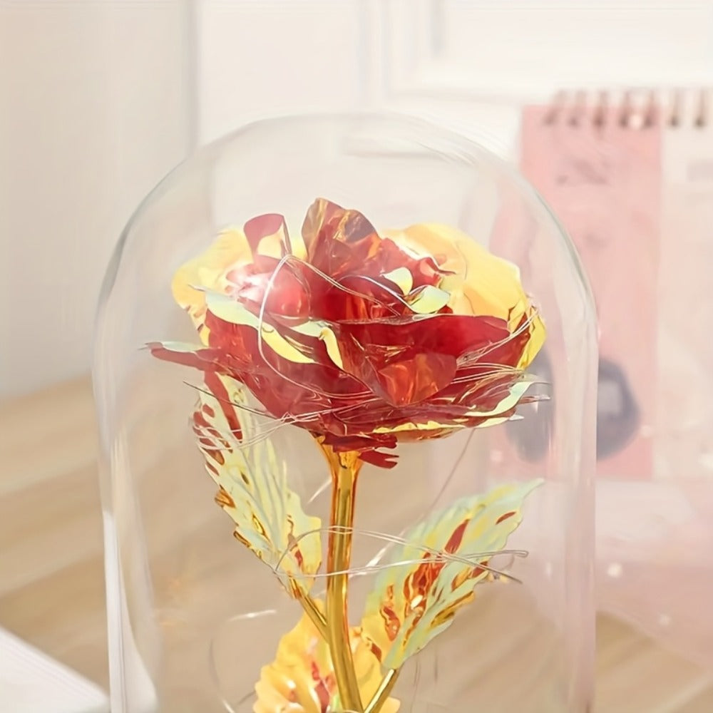 LED Rose Flower in Glass Dome, Eternal Foil Rose with LED Light, Romantic Valentine's Day Gift for Girlfriend