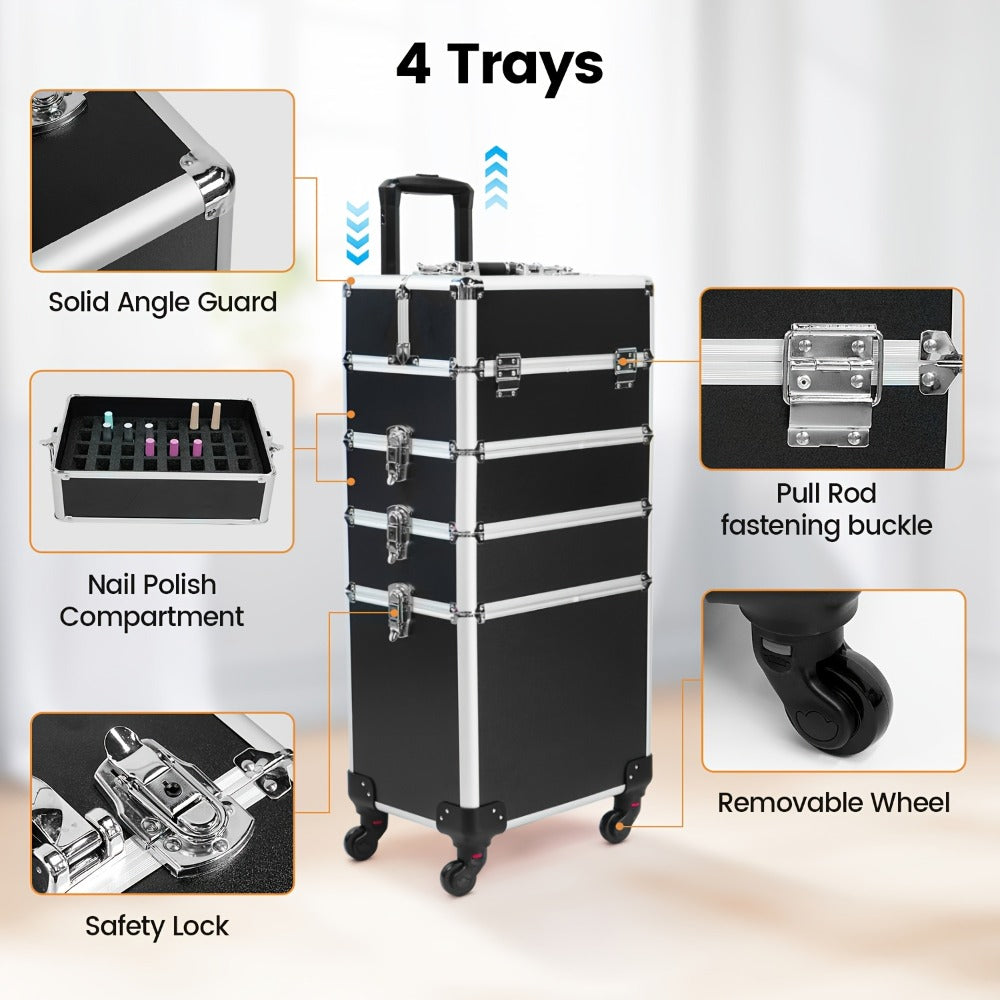 Rolling Makeup Train Case 4-in-1 Black Cosmetic Trolley with 360° Swivel Wheels & Makeup Sponges Set – Large Professional Salon Travel