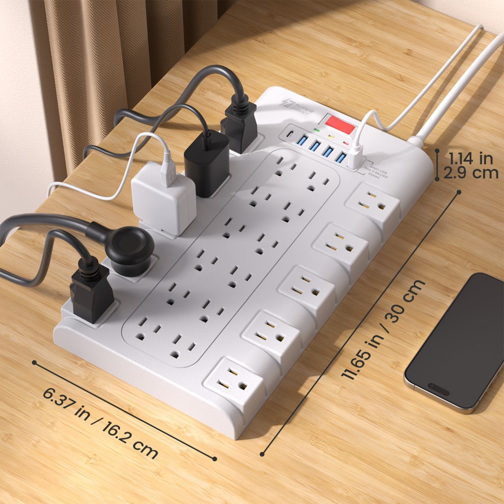 Surge Protector Extension Cord Flat Plug 2100 Joules with Control Switch Status Indicator for an Everyday Personal Care Routine