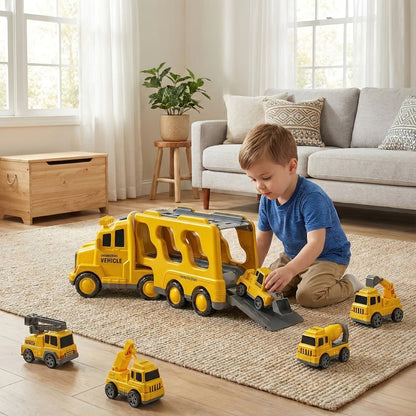 7-in-1 Kids Car Toy Set 7pcs with Playmat, Large Vehicle + 6 Mini Cars Ambulance Police Fire Truck Engineering