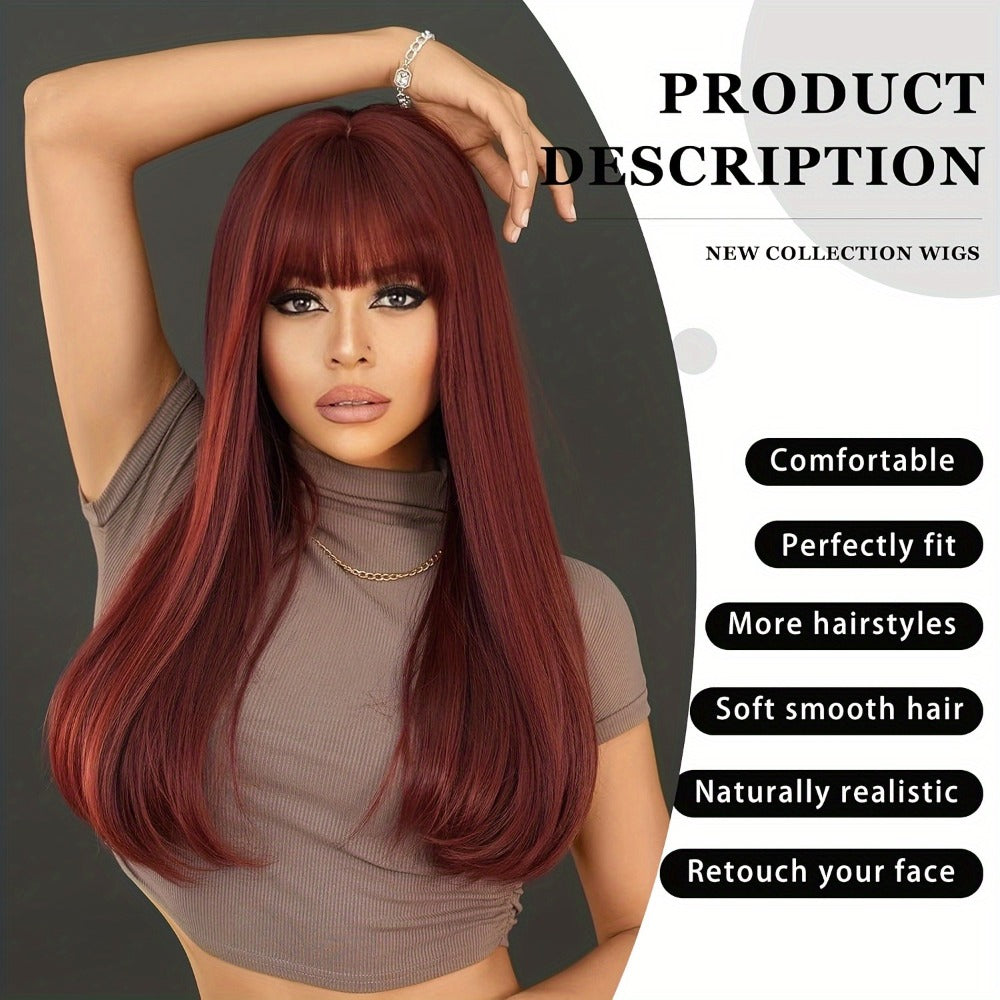 Long Straight Wig with Bangs Burgundy Wine Red 28 Inch Synthetic Heat Resistant Lightweight for Women Daily Wear Holiday Party Cosplay