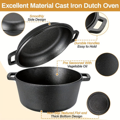 Cast Iron Dutch Oven Set 5.1QT & 7QT with Skillet Lid – Pre-Seasoned 2-in-1 Cookware for Stovetop, Induction, Oven, Campfire & BBQ