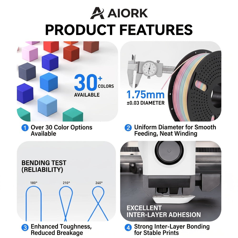 3D Printer Filament Airok Silk PLA 1.75mm 1kg Spool with Ten Glossy Solid, Dual-Color and Rainbow Options