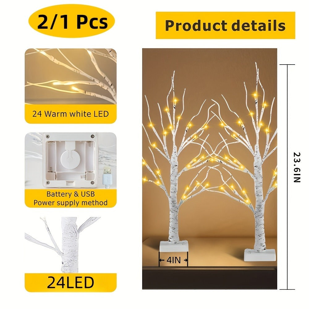 Artificial Birch Wood LED Lamp 2ft - 24 White Lights, USB & Battery Powered Decorative Tree Branch Light for Bedroom