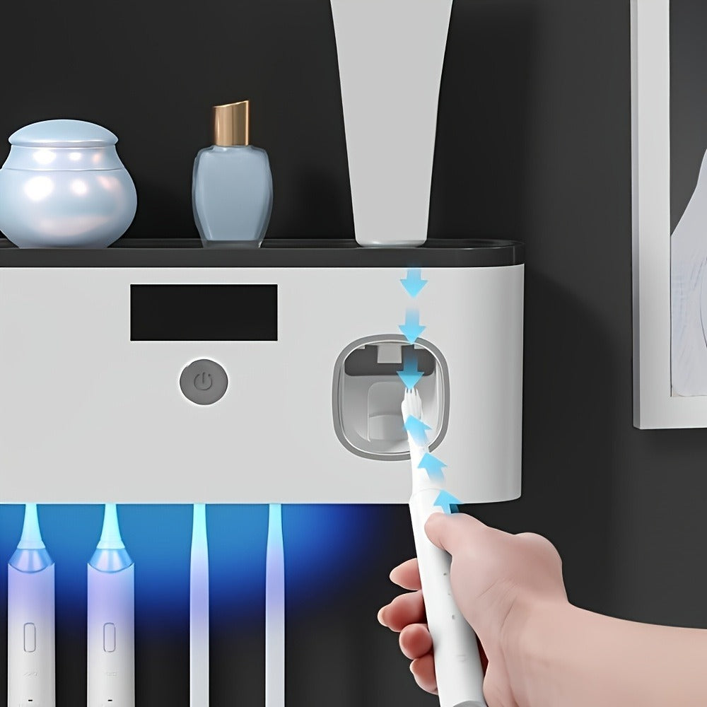 Wall-Mounted Toothbrush Organizer with Four Hanging Slots, Top Tray, Dispensing Port and Two Color Styles