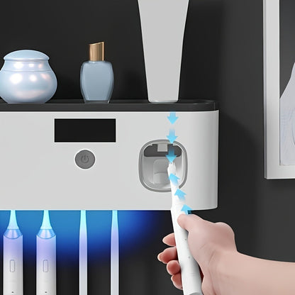 Wall-Mounted Toothbrush Organizer with Four Hanging Slots, Top Tray, Dispensing Port and Two Color Styles