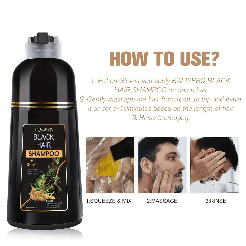 Hair Dye Shampoo, YANYUTONG 500ml Black 3-in-1 Bottle for At-Home Hair Color Application and Rinse Routine