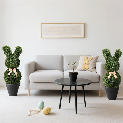 Artificial Boxwood Bunny Topiary 2-Pack, 3Ft Faux Rabbit Garden Statue with Bow, Indoor Outdoor Easter Spring Porch Decor